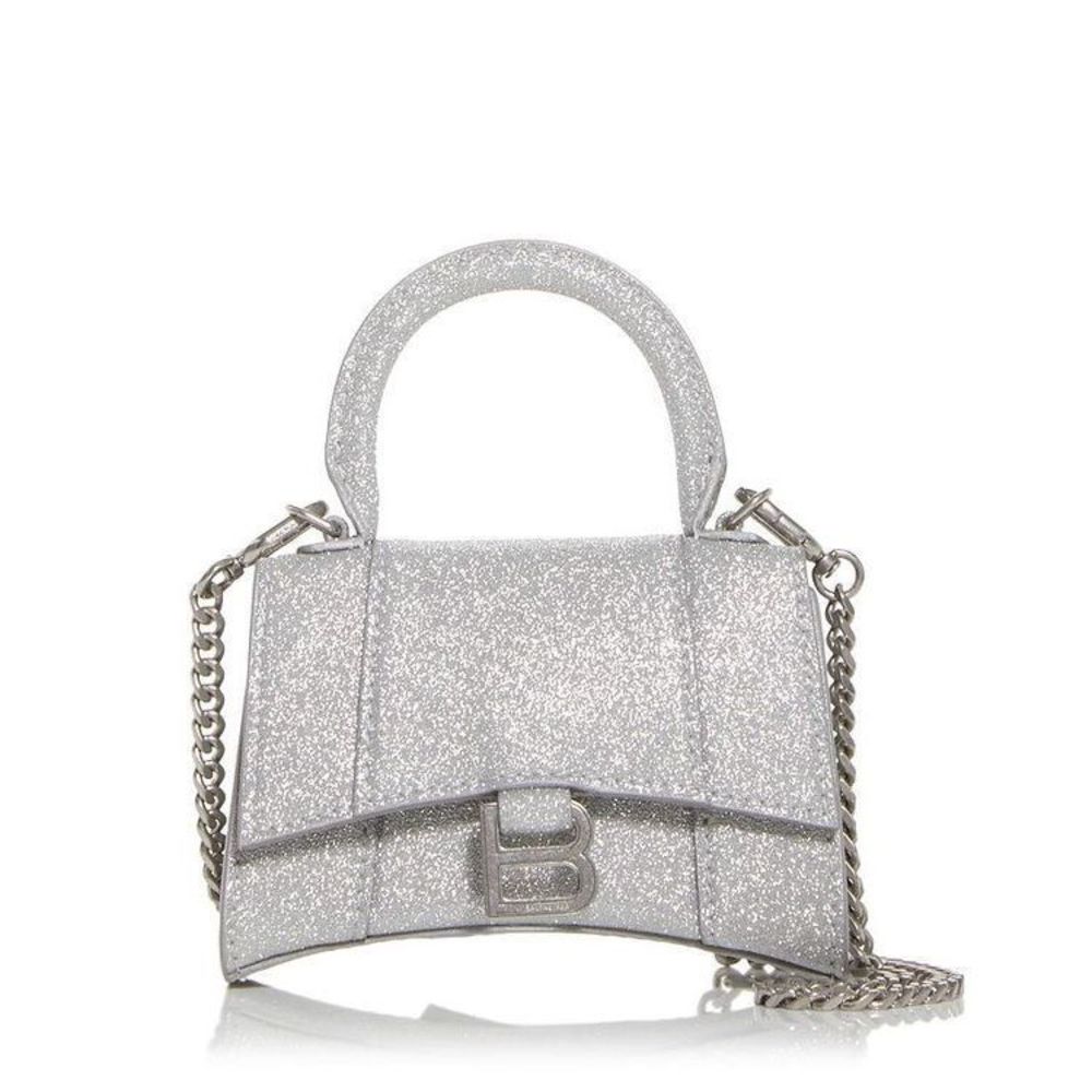 Balenciaga Hourglass Mini Glitter Top Handle Handbag Silver Glitter